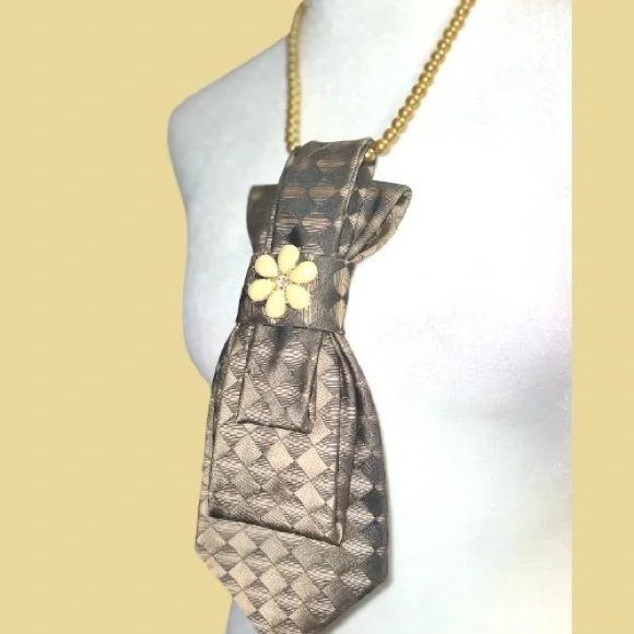 “Dainty Dapper”Brown Patterned Necktie Necklace with Flower Accent - Picture 4 of 5